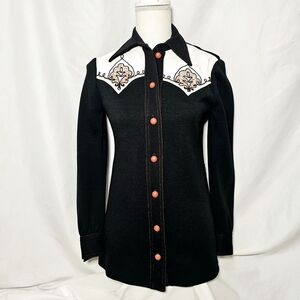 Vintage 70's Womens Western Black Wool Knit Button-up Embroidered Shirt XS